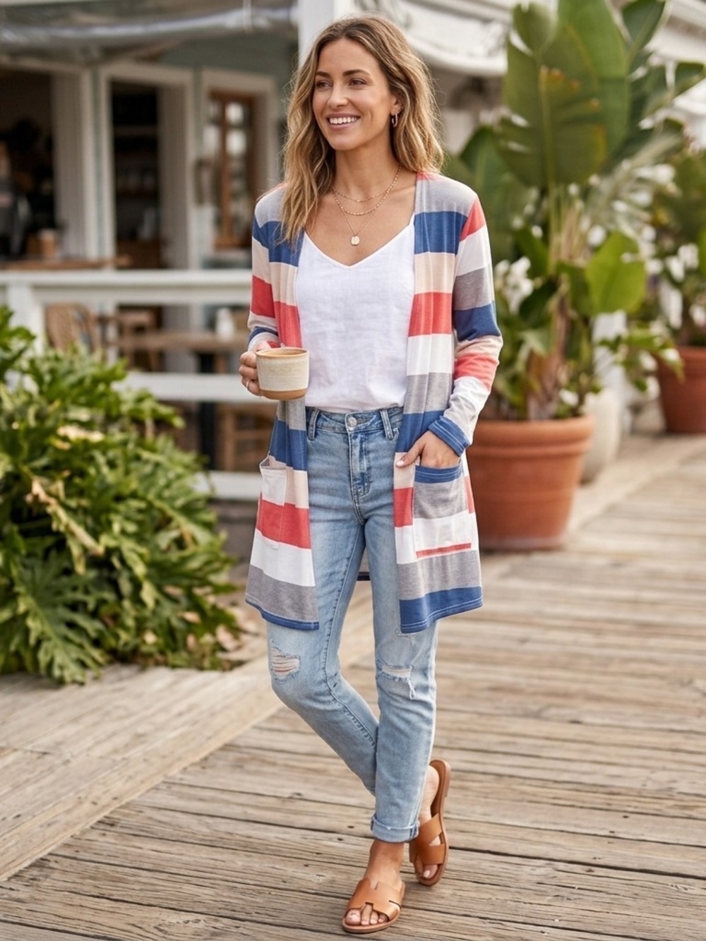 Striped Open-Front Cardigan Sweater - Blue, Coral & Cream - Picture 1 of 9